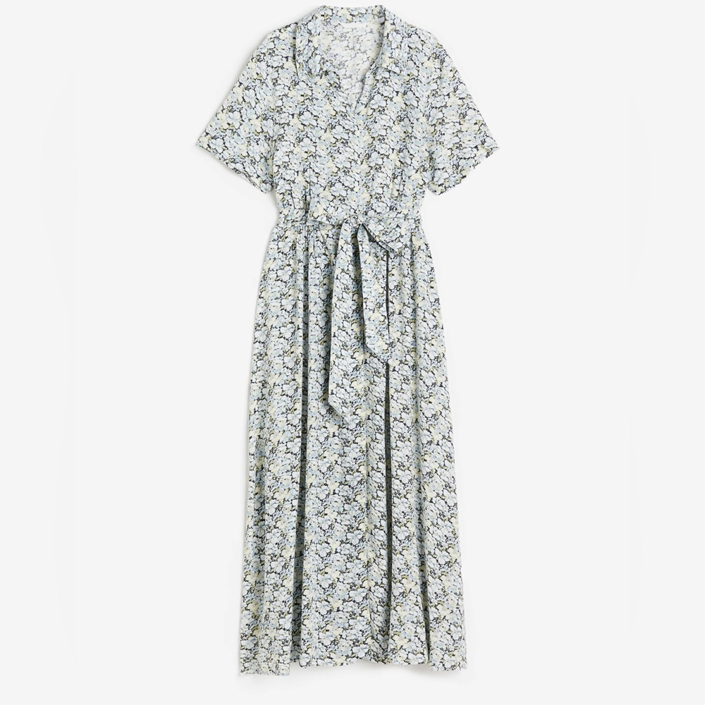 H&M Tie Belt Shirt Dress Blue Floral XL
